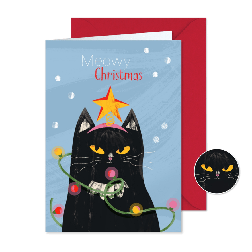 Kerstkaart grappige chagrijnige kerst kat - Kaartimpressie