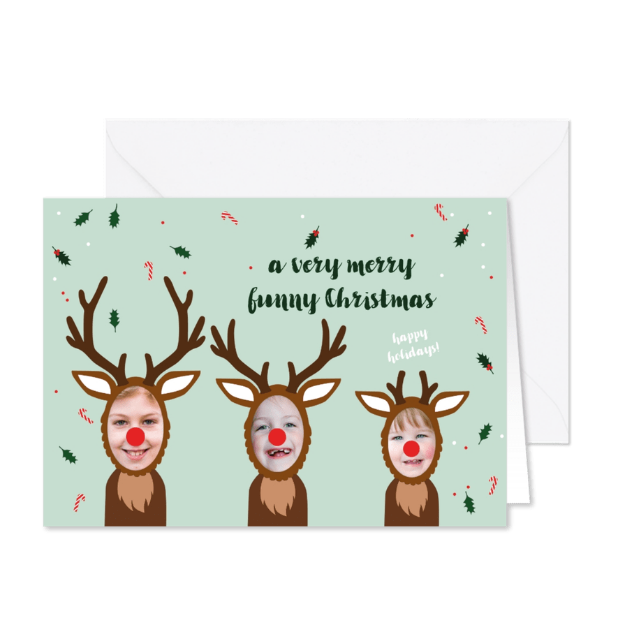 Kerstkaart grappige rendieren op een rij - Kaartimpressie