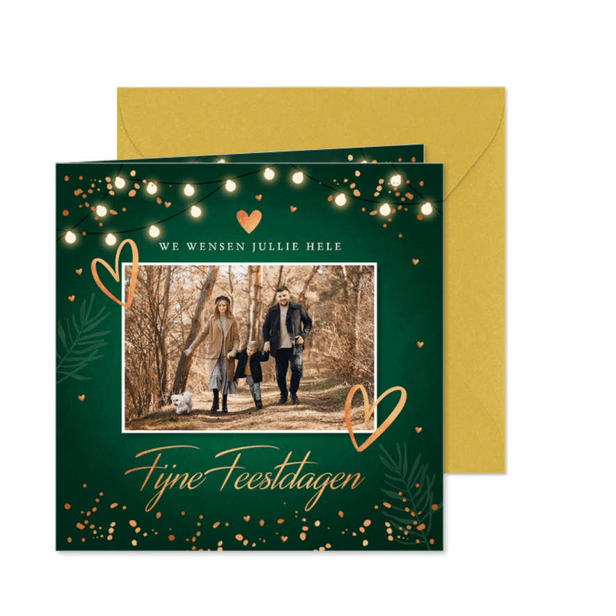 Kerstkaart groen foto lampjes confetti koperlook hartjes - Kaartimpressie