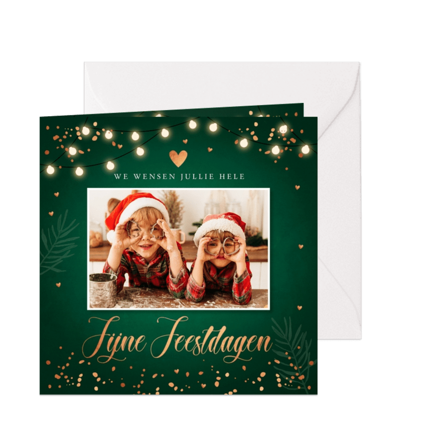 Kerstkaart groen foto lampjes confetti koperlook - Kaartimpressie