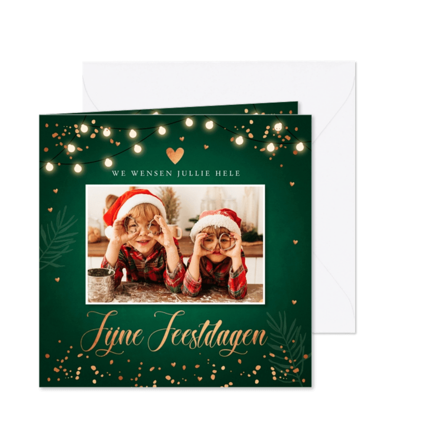 Kerstkaart groen foto lampjes confetti koperlook - Kaartimpressie