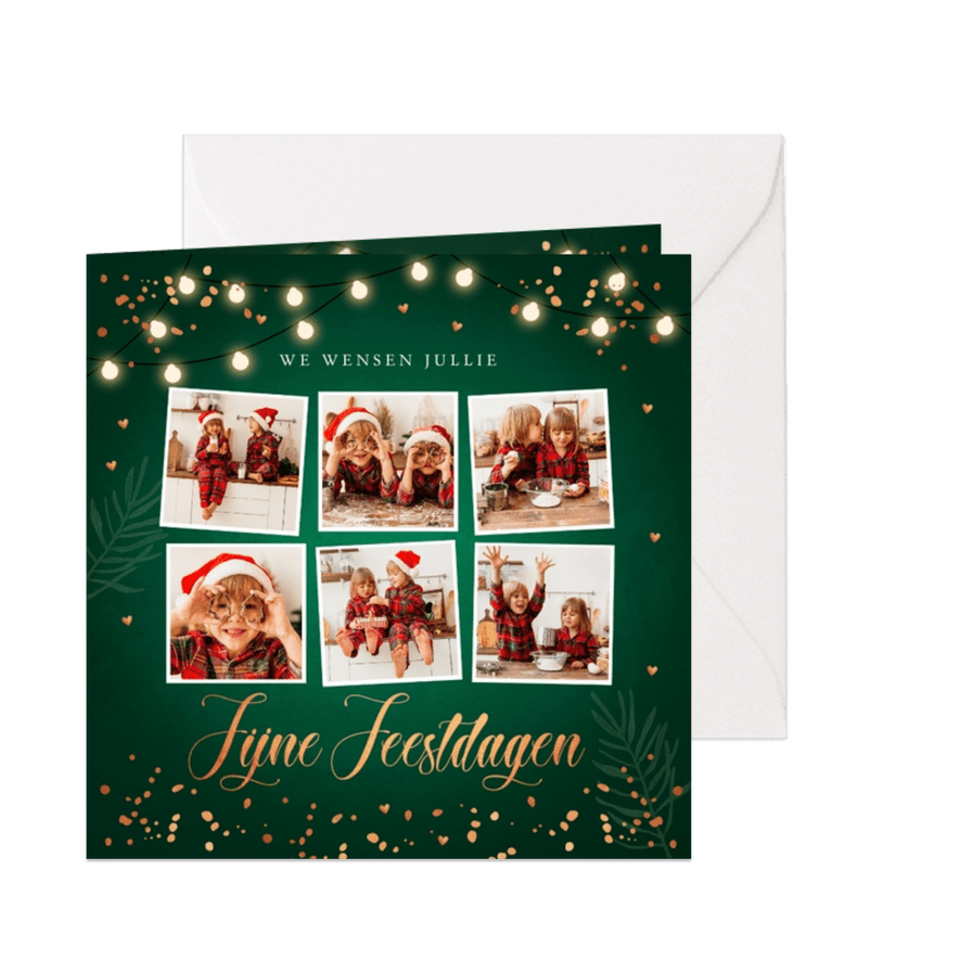 Kerstkaart groen fotocollage confetti koperlook - Kaartimpressie