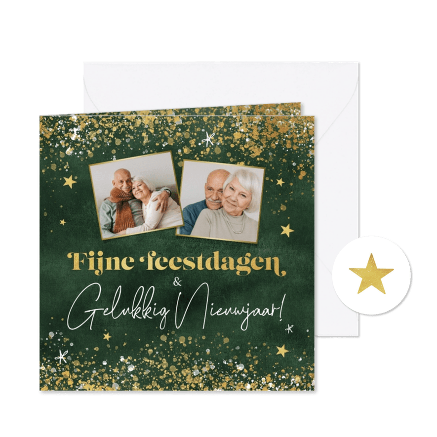 Kerstkaart groen goud fijne feestdagen foto's sterren - Kaartimpressie