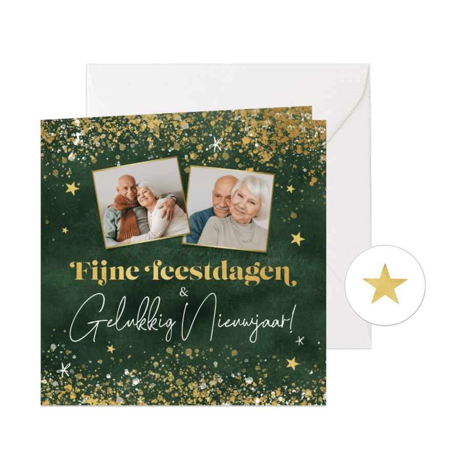 Kerstkaart groen goud fijne feestdagen foto's sterren - Kaartimpressie