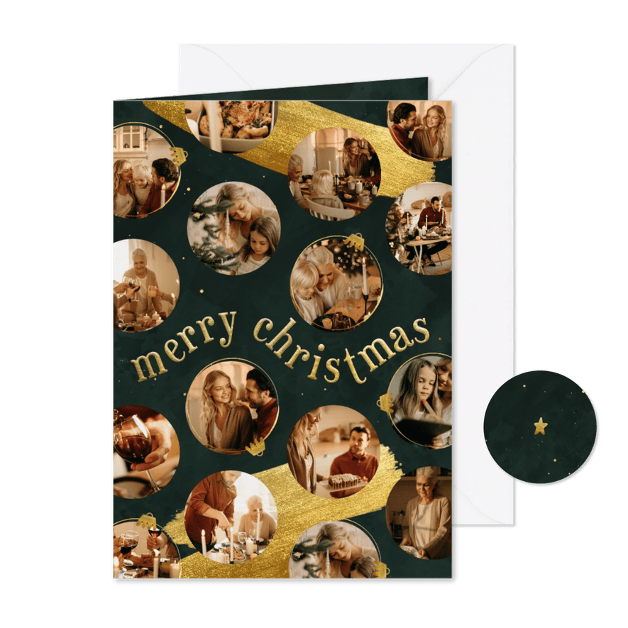 Kerstkaart groen goudlook speelse kerstballen met foto's - Kaartimpressie