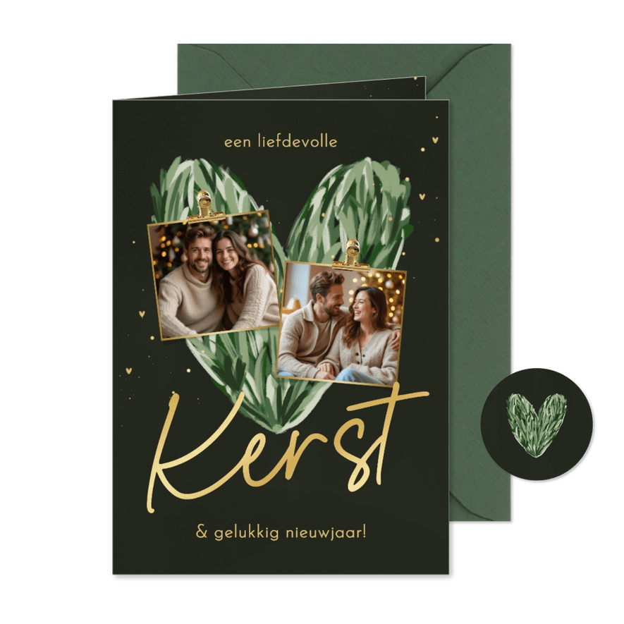 Kerstkaart groen hart hulst met twee foto's goudlook - Kaartimpressie