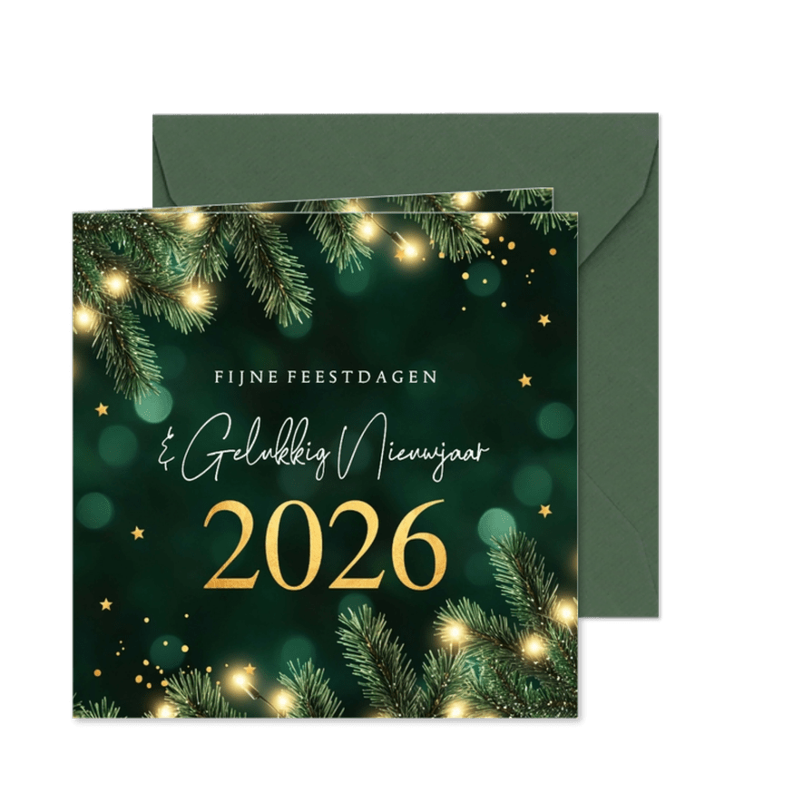 Kerstkaart groen kersttakken jaartal 2026 goudlook - Kaartimpressie