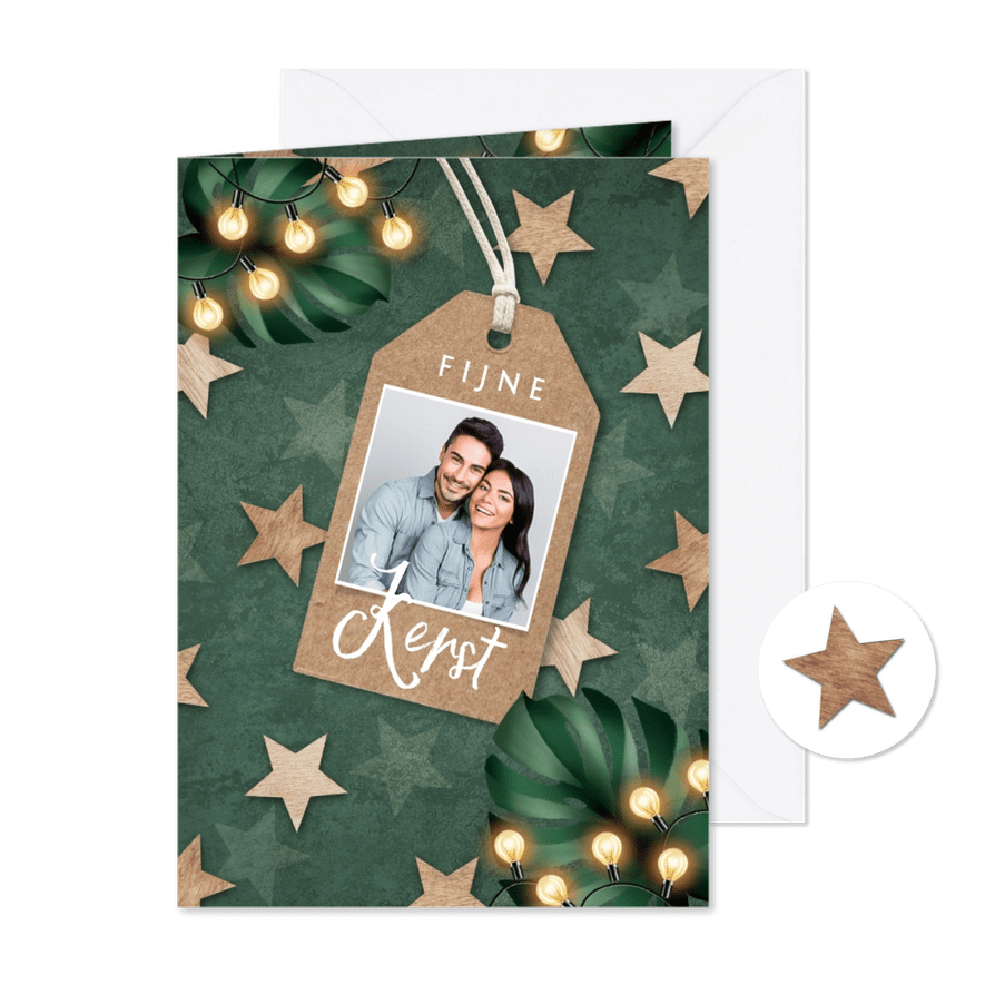 Kerstkaart groen lampjes sterren label foto - Kaartimpressie