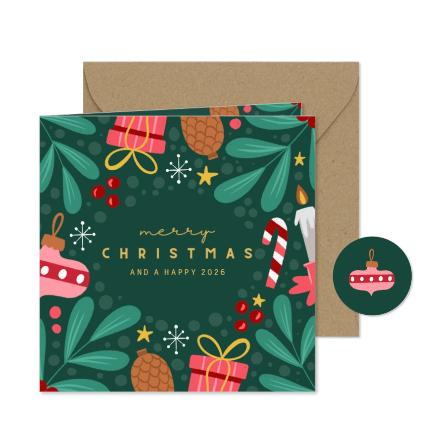 Kerstkaart groen met felle ornamenten vierkant - Kaartimpressie