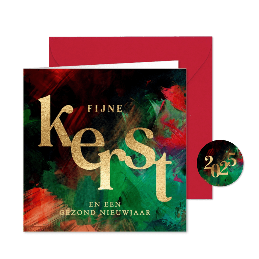 Kerstkaart groen met rode verfstrepen en gouden tekst - Kaartimpressie