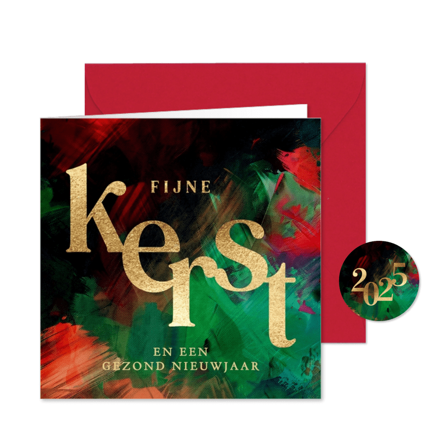 Kerstkaart groen met rode verfstrepen en gouden tekst - Kaartimpressie
