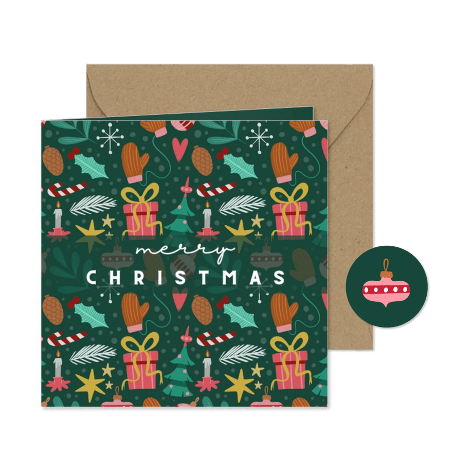 Kerstkaart groen met vrolijke ornamenten vierkant - Kaartimpressie