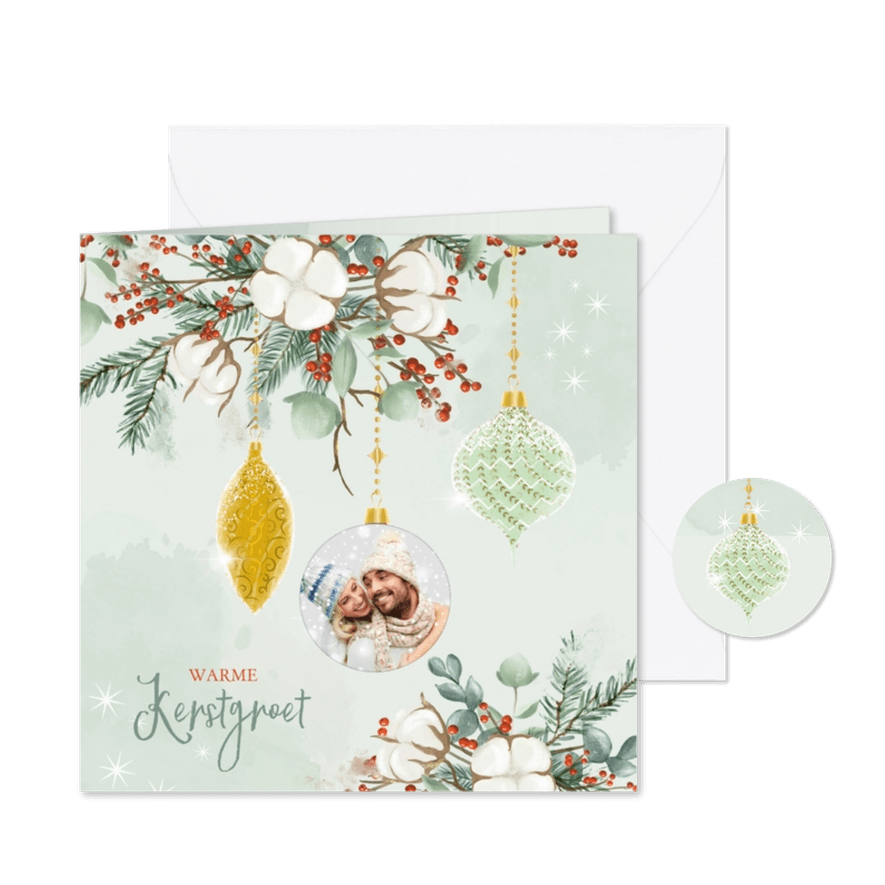 Kerstkaart groendecoratie met eigen foto - Kaartimpressie