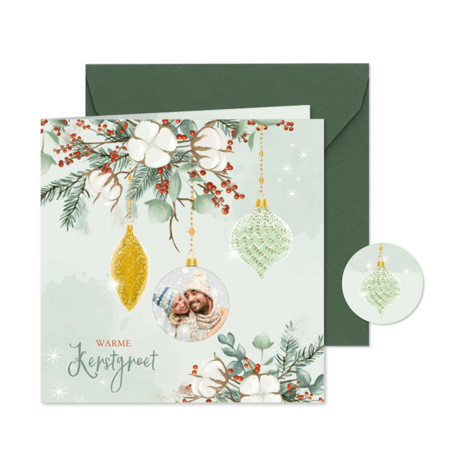 Kerstkaart groendecoratie met eigen foto - Kaartimpressie