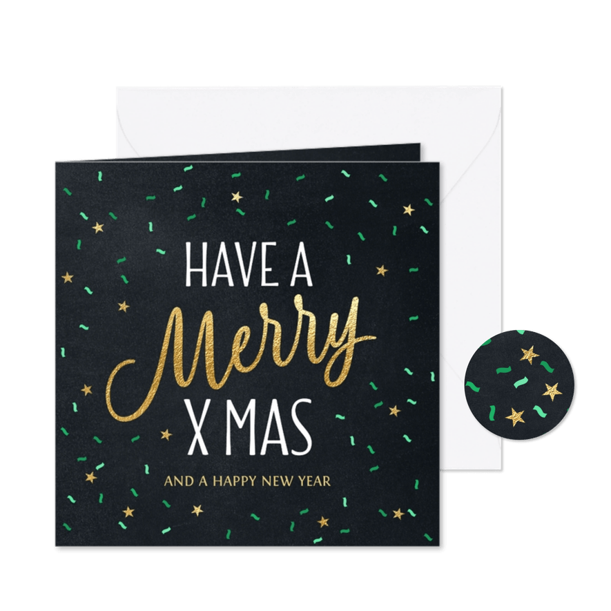 Kerstkaart groene confetti krijtbord - Kaartimpressie