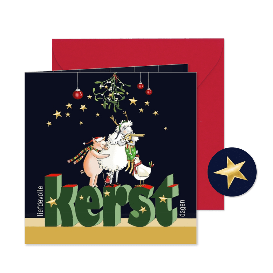 Kerstkaart groep dieren onder de mistletoe - Kaartimpressie