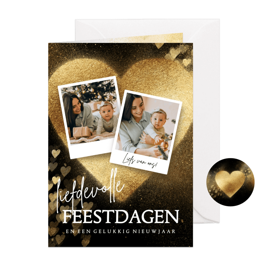 Kerstkaart groot goud hart foto - Kaartimpressie