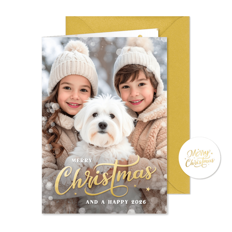 Kerstkaart grote eigen foto sneeuw kader en Merry Christmas - Kaartimpressie