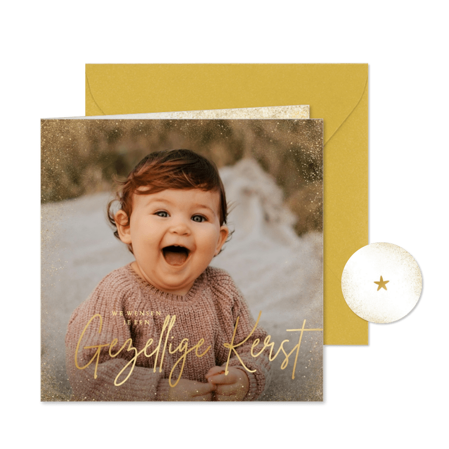 Kerstkaart grote foto gezellige kerst gouden rand - Kaartimpressie