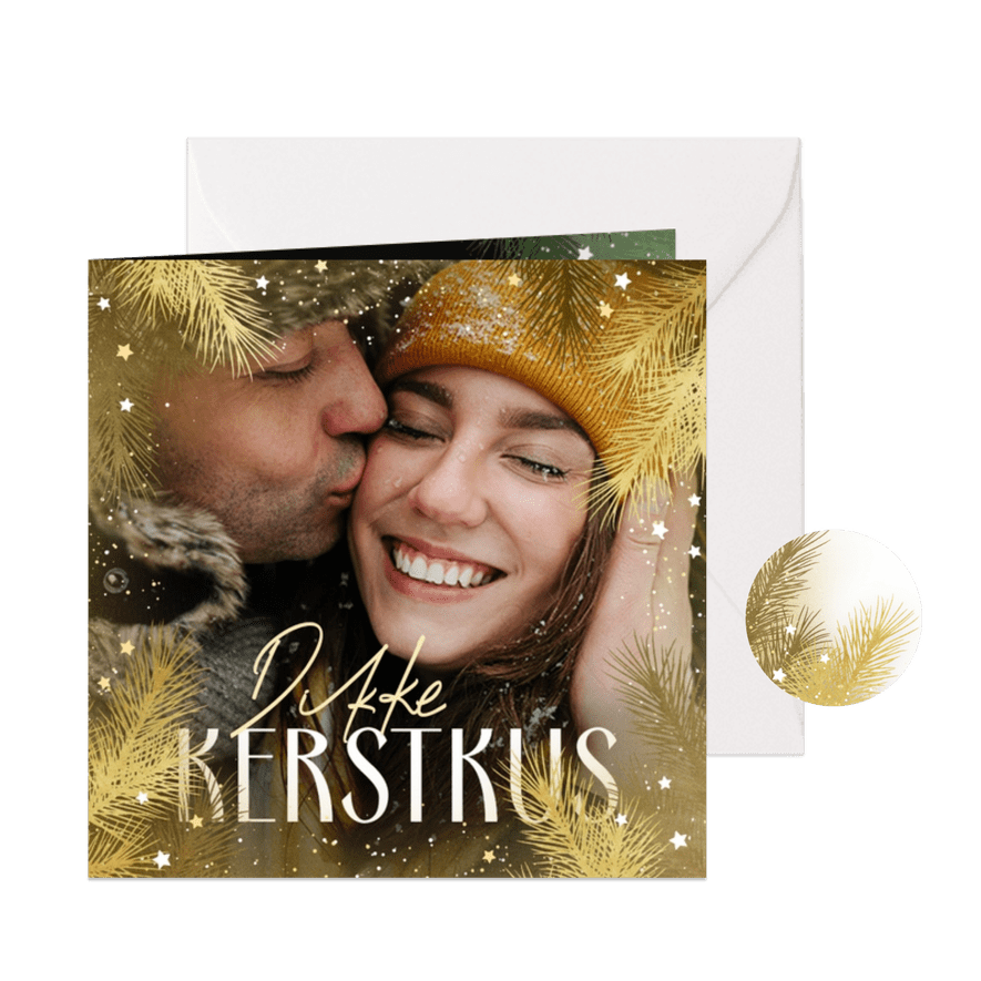 Kerstkaart grote foto gouden dennenkader - Kaartimpressie