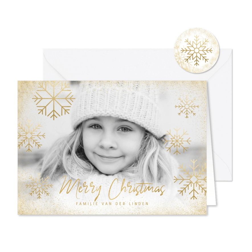 Kerstkaart grote foto gouden sneeuw en sneeuwvlokken - Kaartimpressie