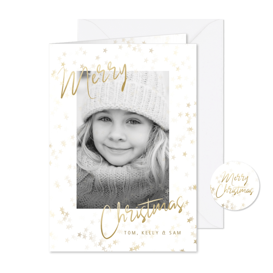 Kerstkaart grote foto, gouden sterren en "Merry Christmas" - Kaartimpressie