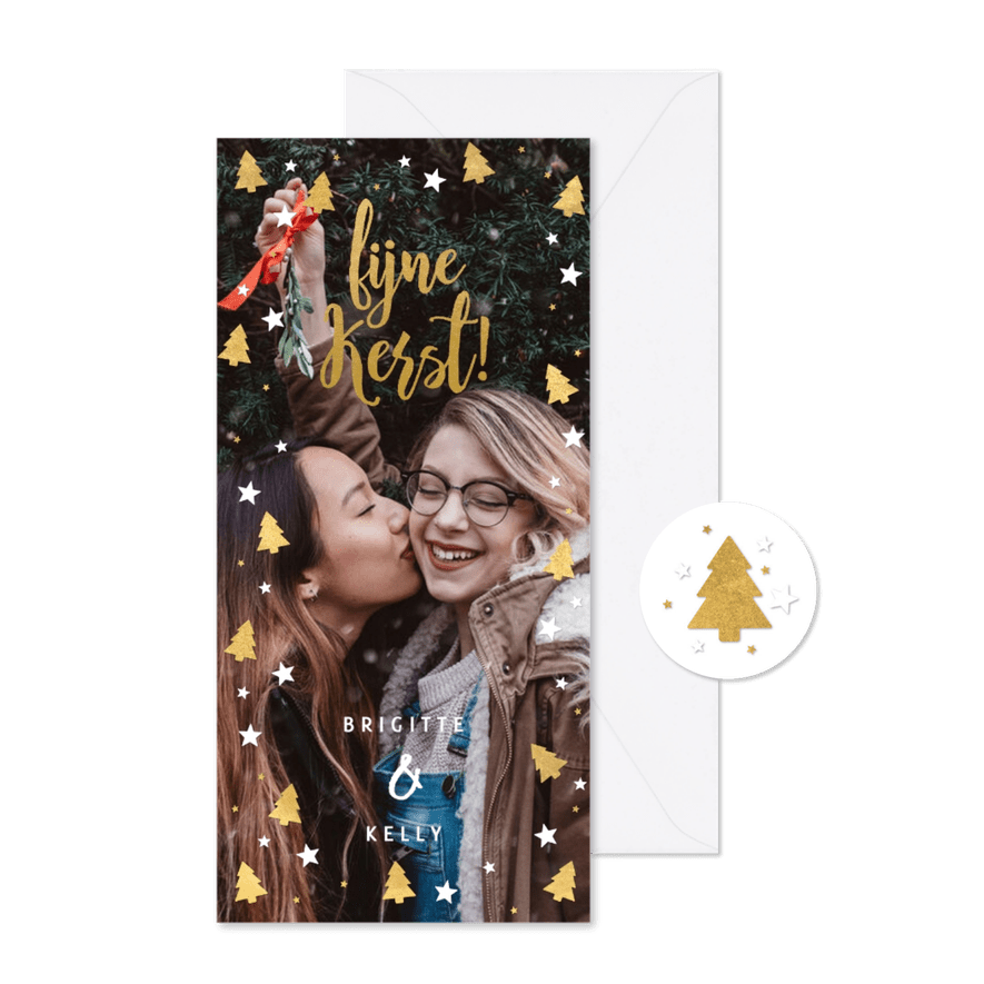 Kerstkaart grote foto, kerstbomen, sterren en 'fijne Kerst!' - Kaartimpressie