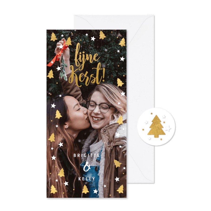 Kerstkaart grote foto, kerstbomen, sterren en 'fijne Kerst!' - Kaartimpressie