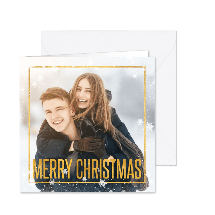 Kerstkaart grote foto met gouden tekst en kader - Kaartimpressie