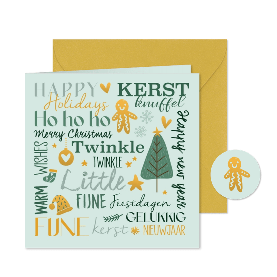 Kerstkaart handlettering in groen en wam geel - Kaartimpressie