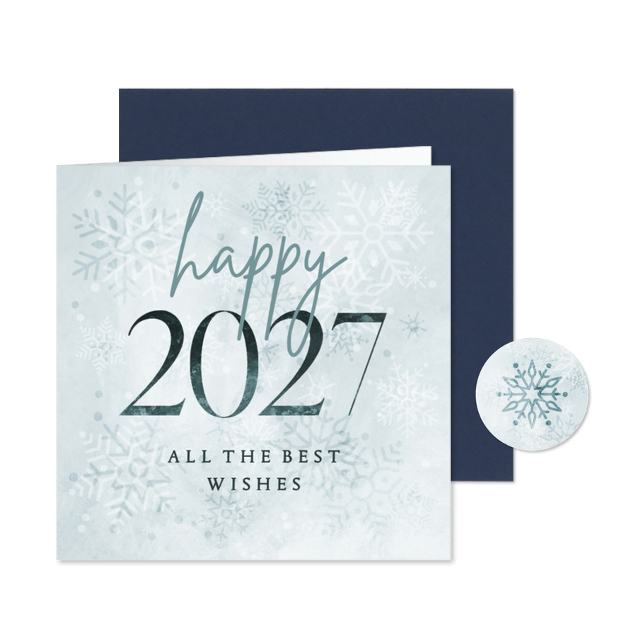 Kerstkaart happy 2027 lichtblauw met sneeuwvlokken - Kaartimpressie