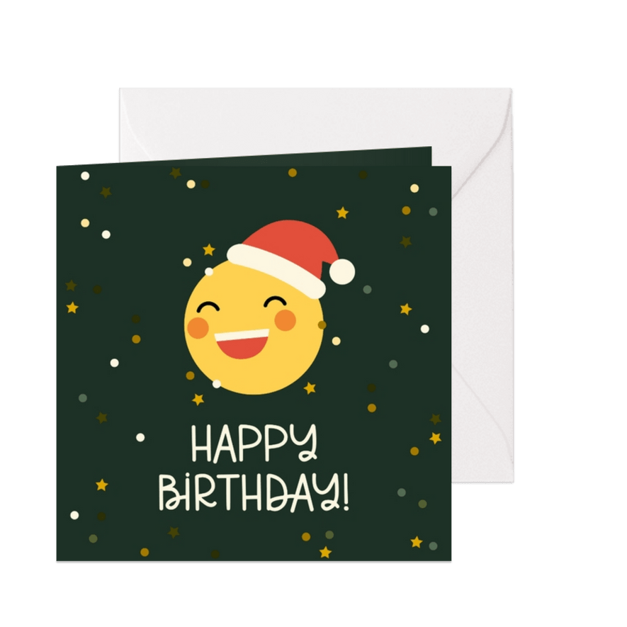 Kerstkaart happy birthday emoji met kerstmuts - Kaartimpressie