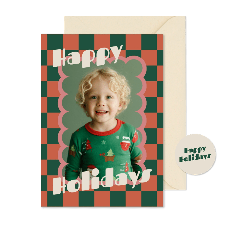 Kerstkaart happy holidays blokjespatroon hip - Kaartimpressie