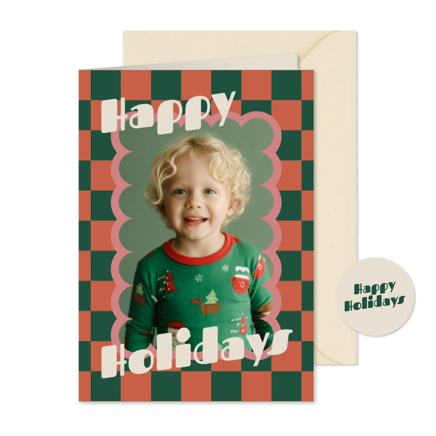 Kerstkaart happy holidays blokjespatroon hip - Kaartimpressie