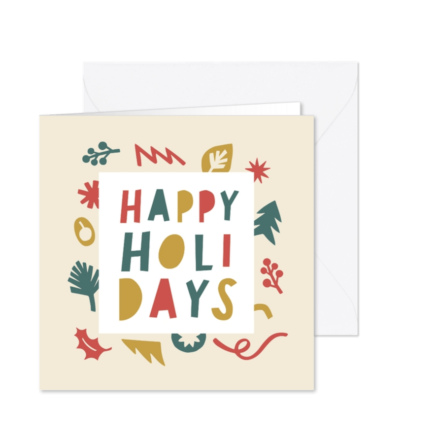 Kerstkaart Happy Holidays vrolijke vormen - Kaartimpressie