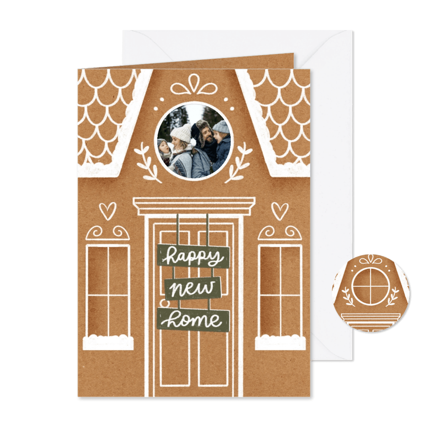 Kerstkaart happy new home gingerbread foto - Kaartimpressie