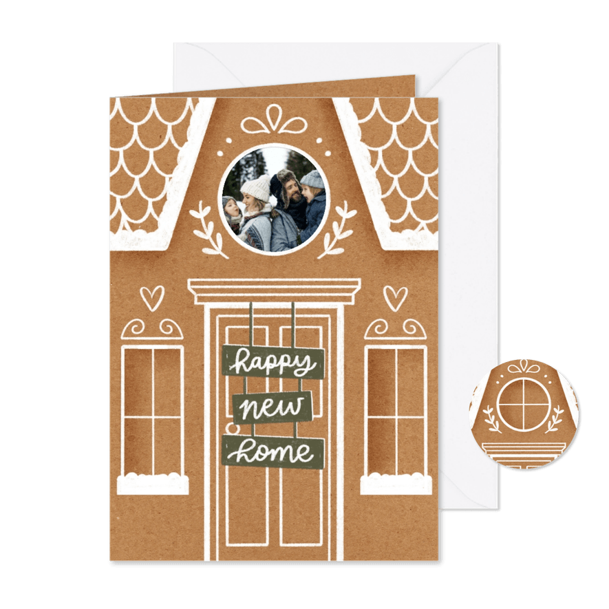 Kerstkaart happy new home gingerbread foto - Kaartimpressie