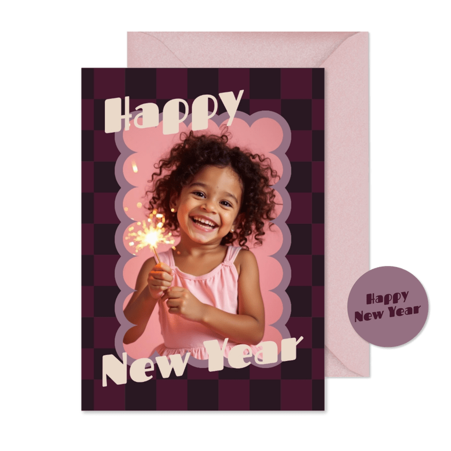 Kerstkaart happy new year blokjespatroon hip - Kaartimpressie