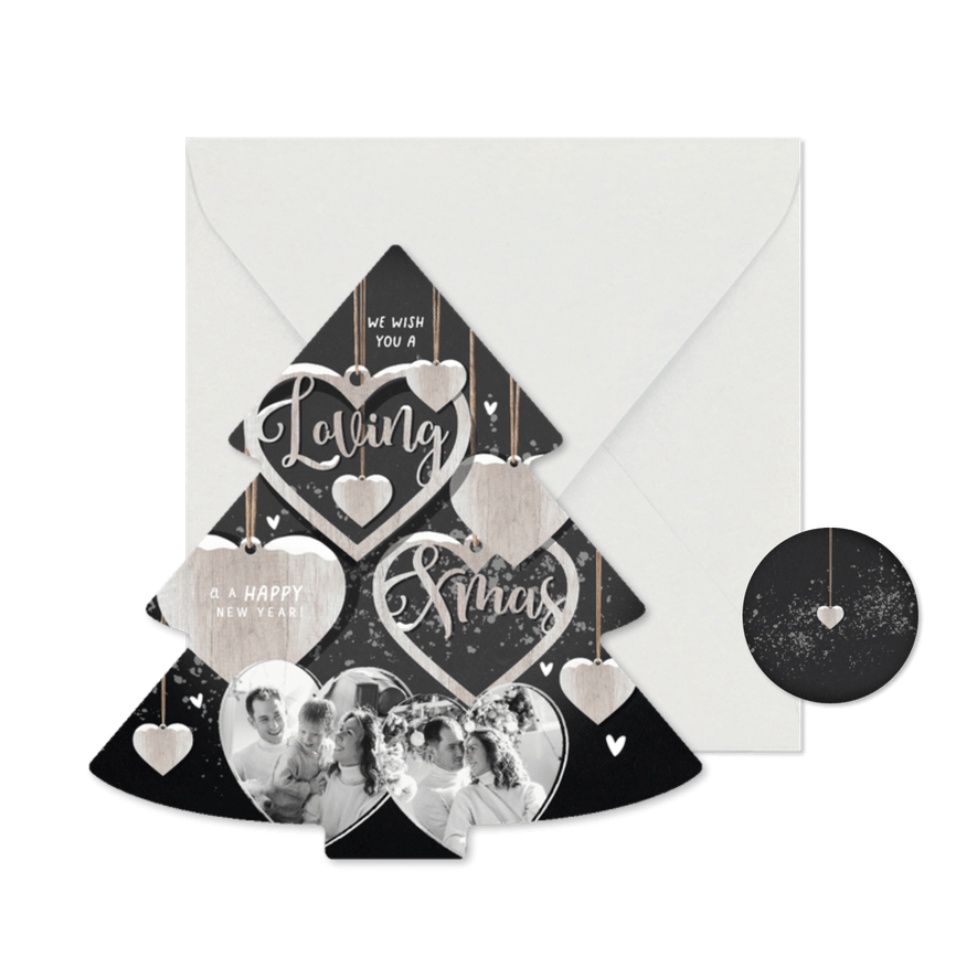 Kerstkaart hart hout hangers loving christmas foto's - Kaartimpressie