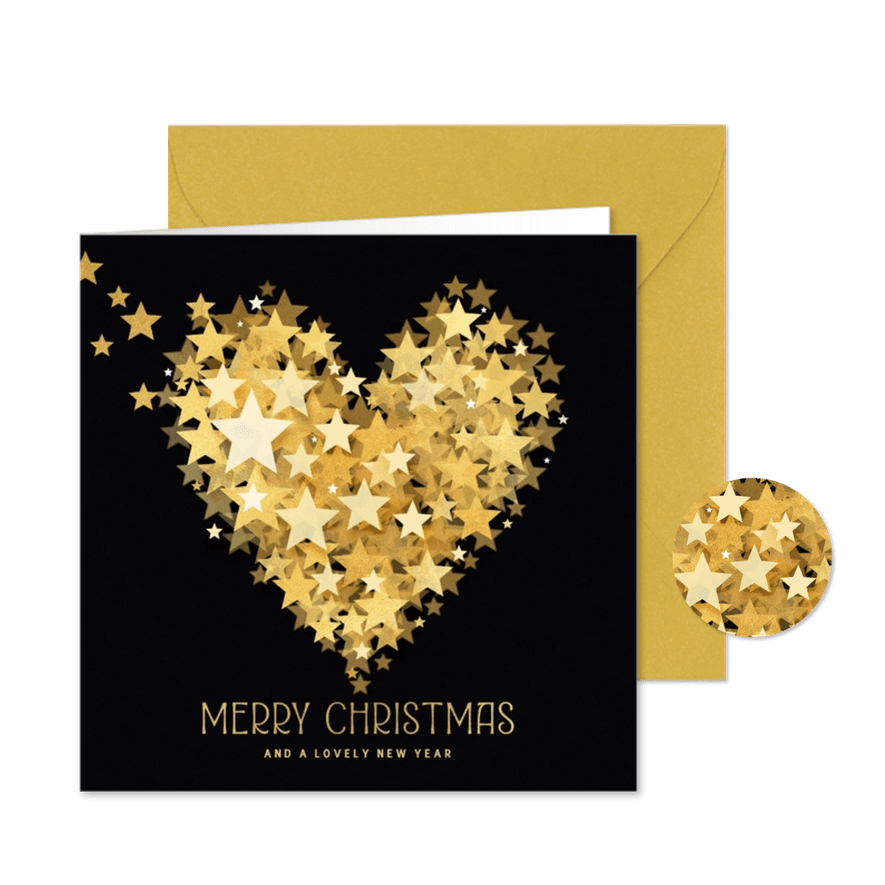Kerstkaart hart van sterren in goud - Kaartimpressie