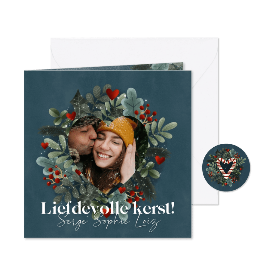 Kerstkaart hart zuurstok kerststukje - Kaartimpressie