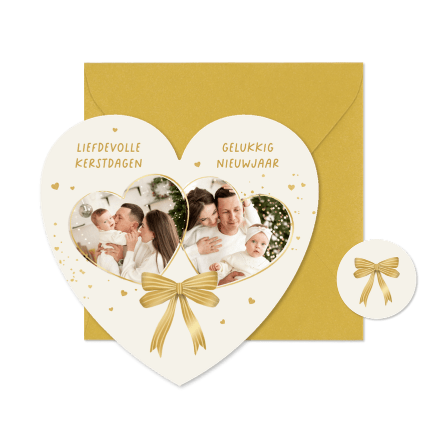 Kerstkaart hartvorm foto's strik hartjes liefdevol - Kaartimpressie