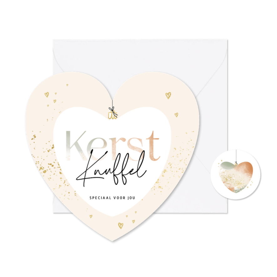 Kerstkaart hartvorm kerstknuffel gouden spetters - Kaartimpressie