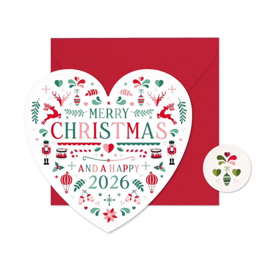 Kerstkaart hartvorm met Scandinavische kerst illustraties - Kaartimpressie