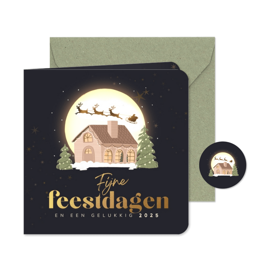 Kerstkaart heldere nacht met kerstman - Kaartimpressie