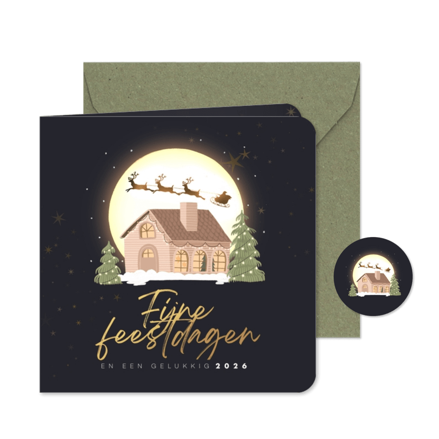 Kerstkaart heldere nacht met kerstman - Kaartimpressie