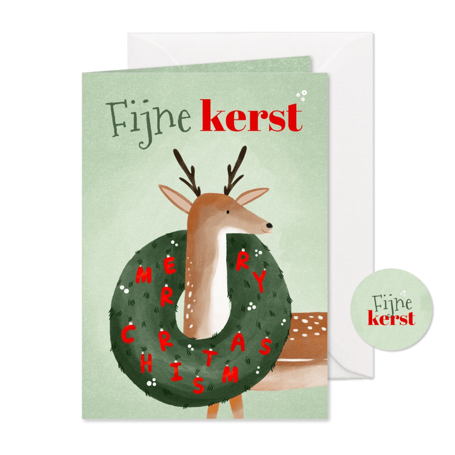 Kerstkaart hert en kerstkrans illustratie groen en rood - Kaartimpressie