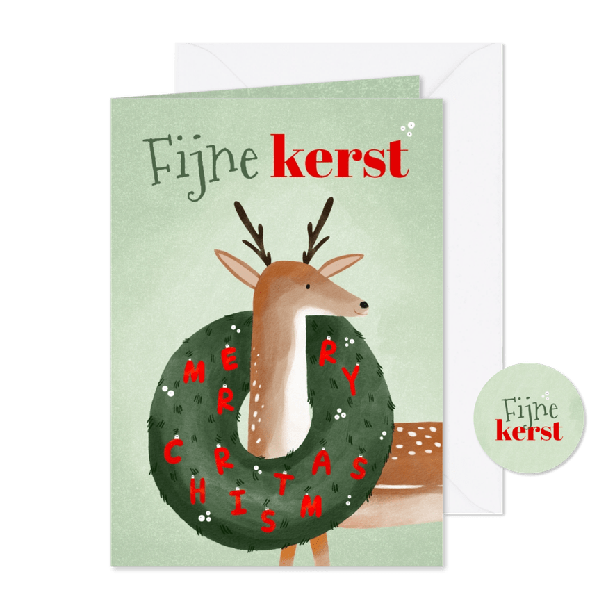 Kerstkaart hert en kerstkrans illustratie groen en rood - Kaartimpressie