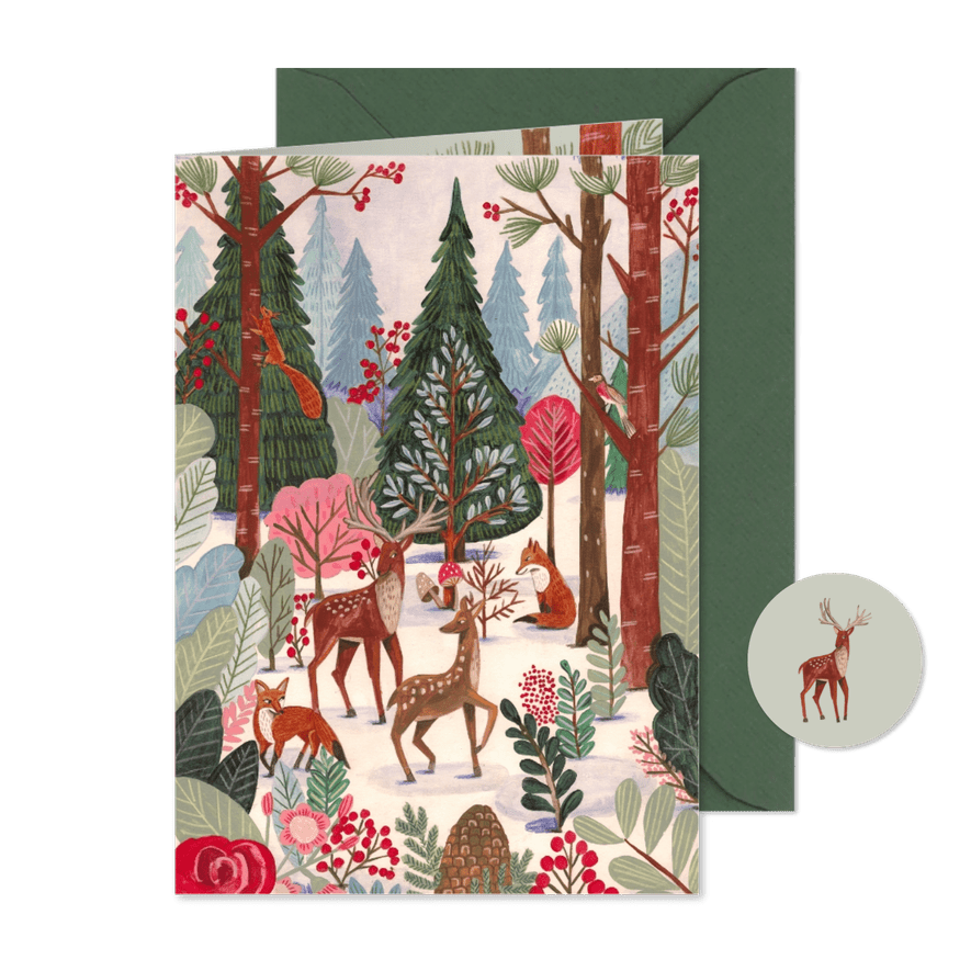 Kerstkaart hert en vos in het bos met sneeuw - Kaartimpressie