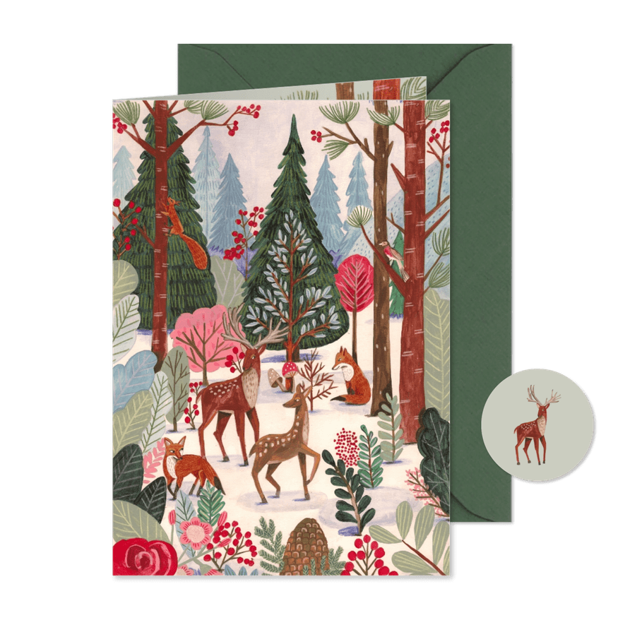  Kerstkaart hert en vos in het bos met sneeuw - Kaartimpressie